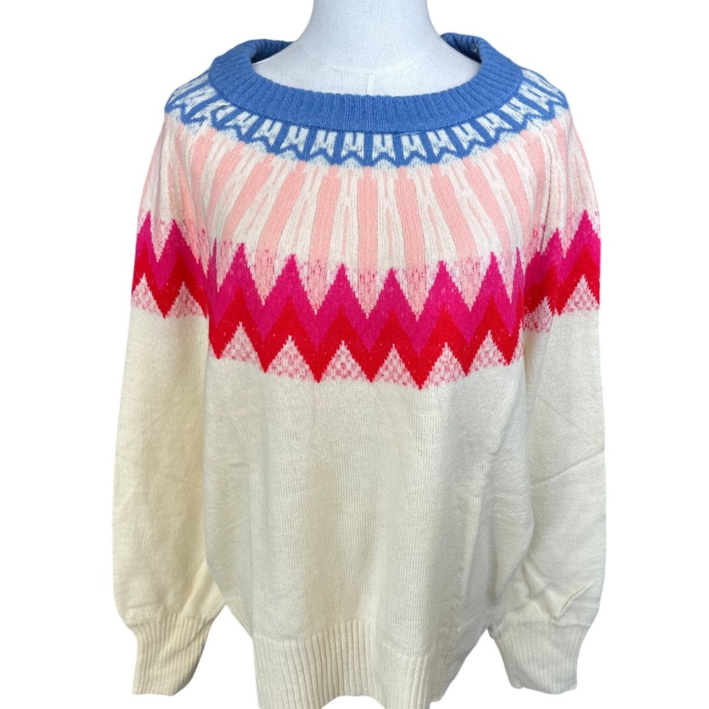 ANNIEWEAR NWT XL Cream Fair Isle Zigzag Knit Sweater Women's Boho Cozy Pullover